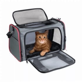 GOOPAWS Soft-Sided Kennel Pet Carrier for Small Dogs, Cats, Puppy, Airline Approved Cat Carriers Dog Carrier Collapsible, Travel Handbag & Car Seat (Color: Grey / Red, Option: Polyester, size: 17" x 10" x 11.5")